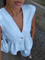 Women’s cotton V-neck sleeveless vest and wide-leg pants set from FitiqueFit, casualwear with a relaxed, comfortable fit.