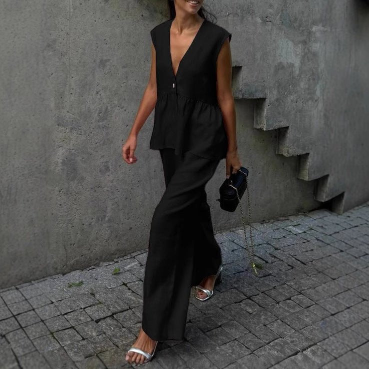 Women's cotton V-neck sleeveless vest and wide-leg pants set by FitiqueFit, casualwear outfit shown on a model.