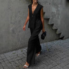 Women's cotton V-neck sleeveless vest and wide-leg pants set by FitiqueFit, casualwear outfit shown on a model.