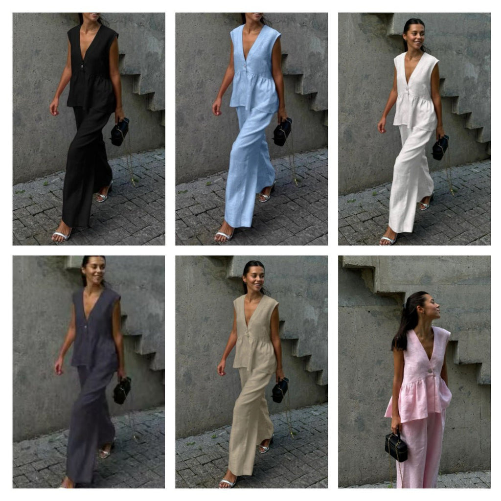 Women’s cotton V-neck sleeveless vest and wide-leg pants set by FitiqueFit, casualwear with relaxed fit and comfortable fabric.