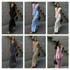 Women’s cotton V-neck sleeveless vest and wide-leg pants set by FitiqueFit, casualwear with relaxed fit and comfortable fabric.