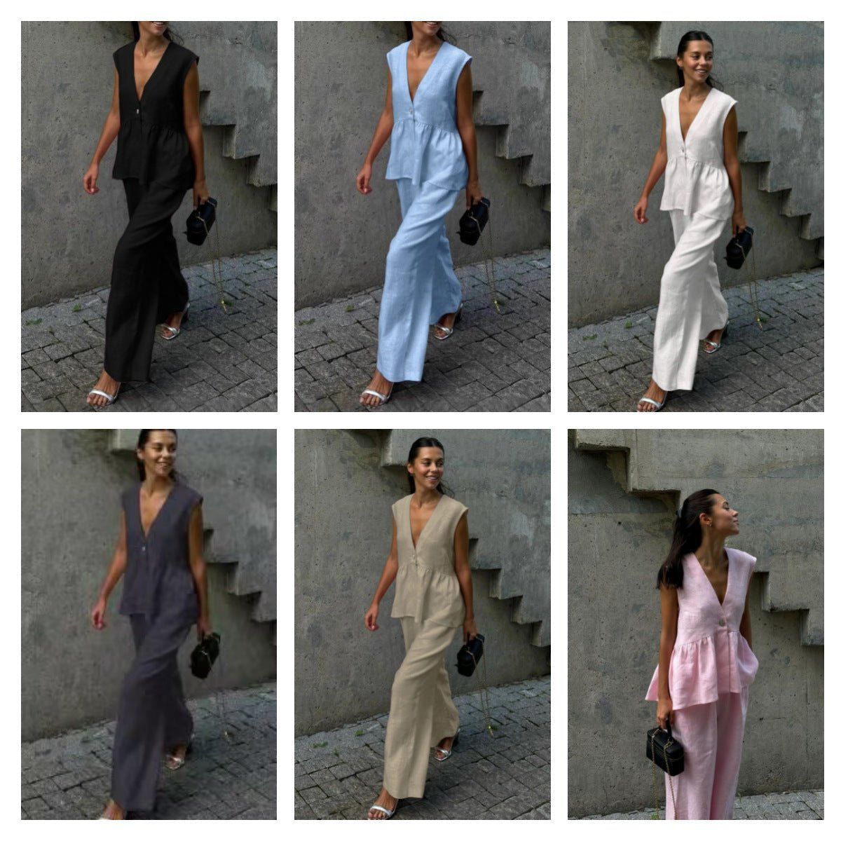 Women’s cotton V-neck sleeveless vest and wide-leg pants set by FitiqueFit, casualwear with relaxed fit and comfortable fabric.