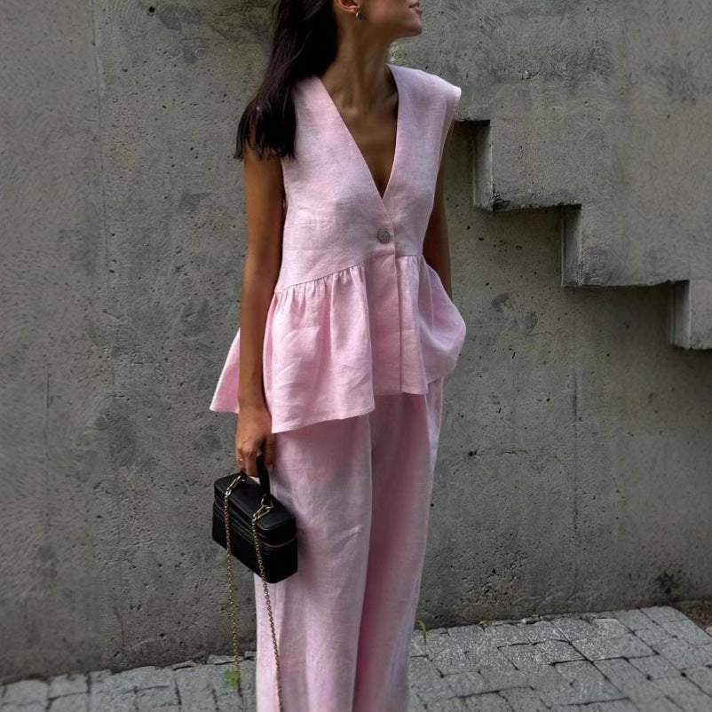 Women’s cotton V-neck sleeveless vest and wide-leg pants set by FitiqueFit, showcasing casualwear with a relaxed fit and comfortable style.