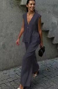 Women’s cotton V-neck sleeveless vest and wide-leg pants set by FitiqueFit, casualwear outfit with relaxed fit and comfortable fabric.