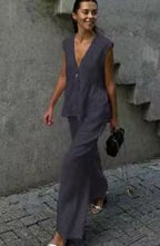 Women’s cotton V-neck sleeveless vest and wide-leg pants set by FitiqueFit, casualwear outfit with relaxed fit and comfortable fabric.