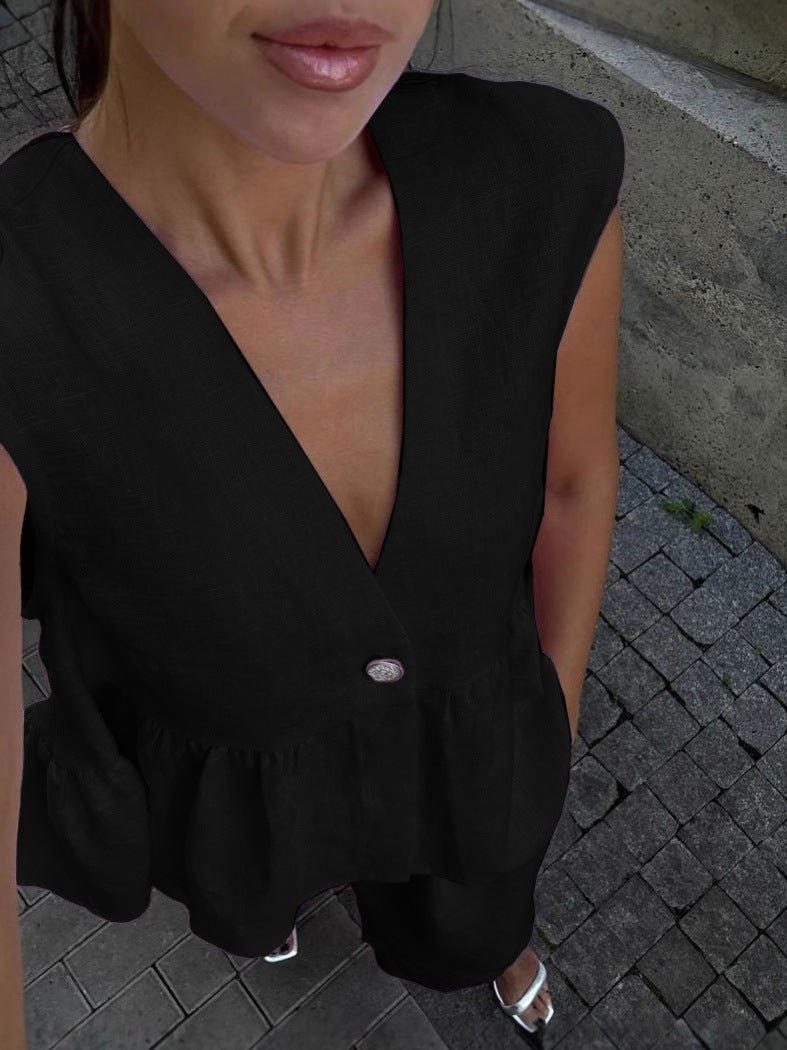Women’s cotton V-neck sleeveless vest and wide-leg pants set by FitiqueFit, featuring a casual and comfortable summer outfit.