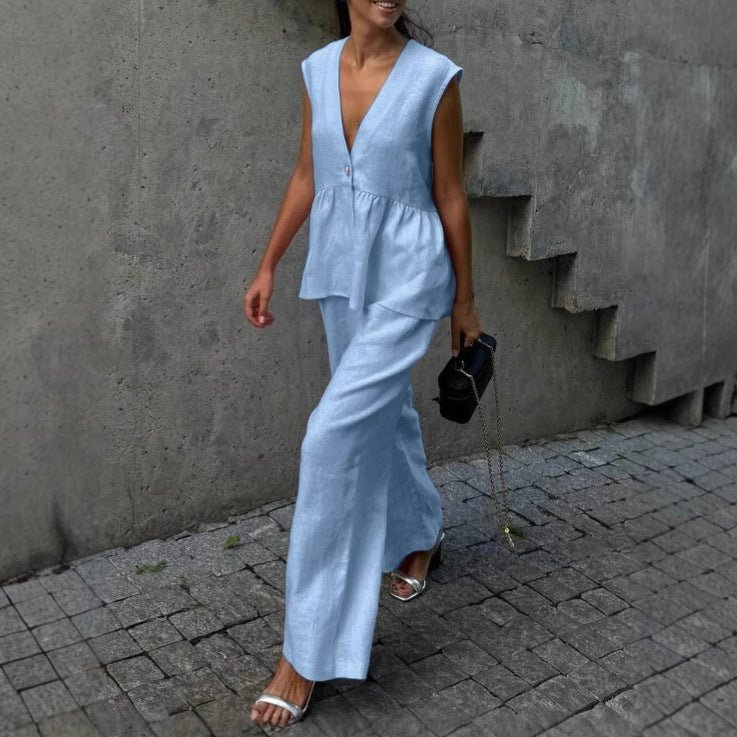 Women’s cotton V-neck sleeveless vest and wide-leg pants set, casualwear by FitiqueFit, shown on a model.