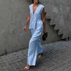Women’s cotton V-neck sleeveless vest and wide-leg pants set, casualwear by FitiqueFit, shown on a model.