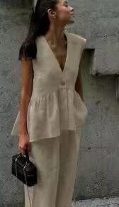 Women’s cotton V-neck sleeveless vest and wide-leg pants set by FitiqueFit, casualwear with a relaxed, comfortable fit.