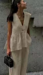 Women’s cotton V-neck sleeveless vest and wide-leg pants set by FitiqueFit, casualwear with a relaxed, comfortable fit.