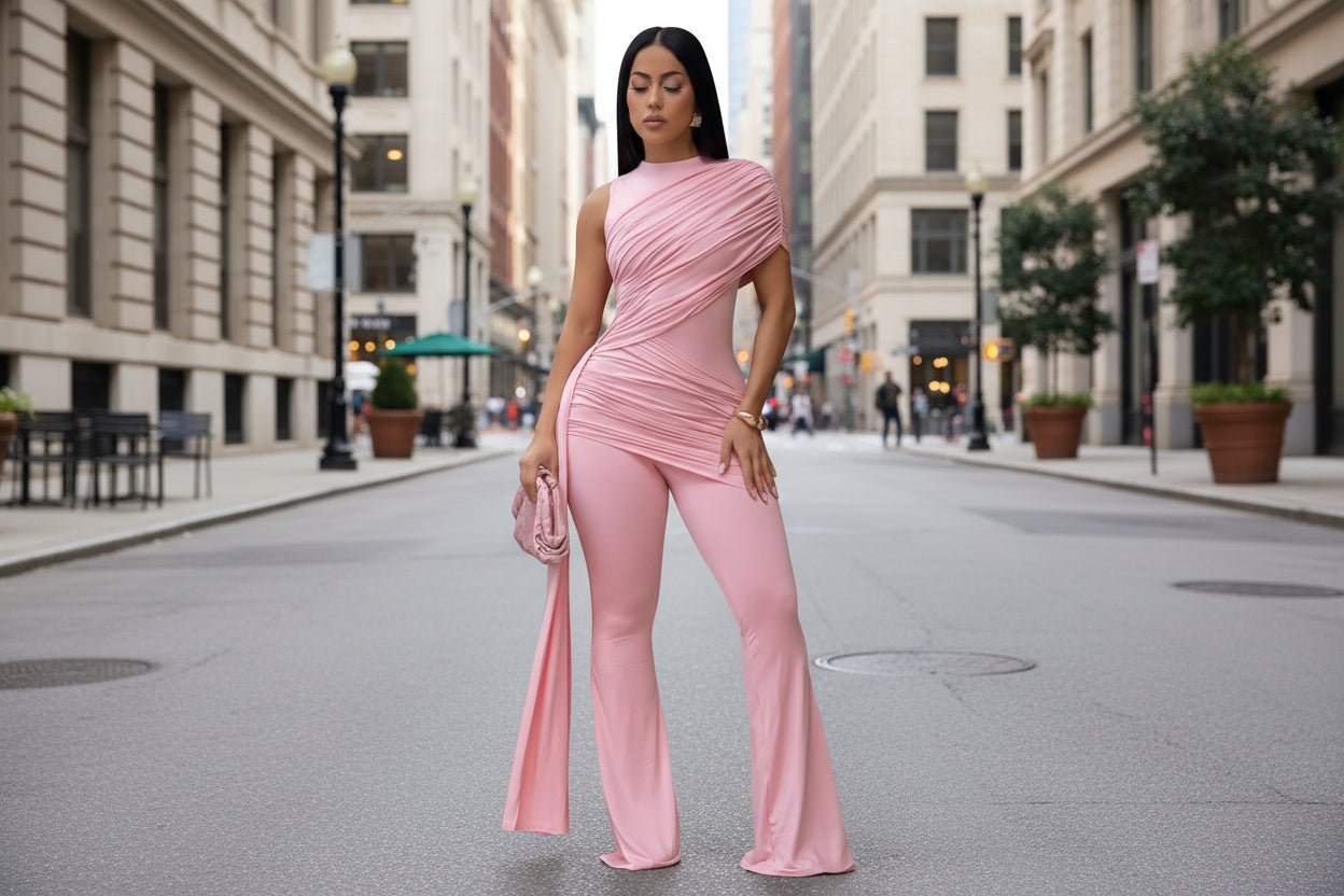 Women's casual FitiqueFit crew-neck pleated ribbon flare jumpsuit shown with relaxed fit and stylish design details.