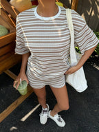 Women's casual FitiqueFit crew-neck spliced short-sleeve T-shirt and shorts set, featuring a stylish, comfortable matching outfit.