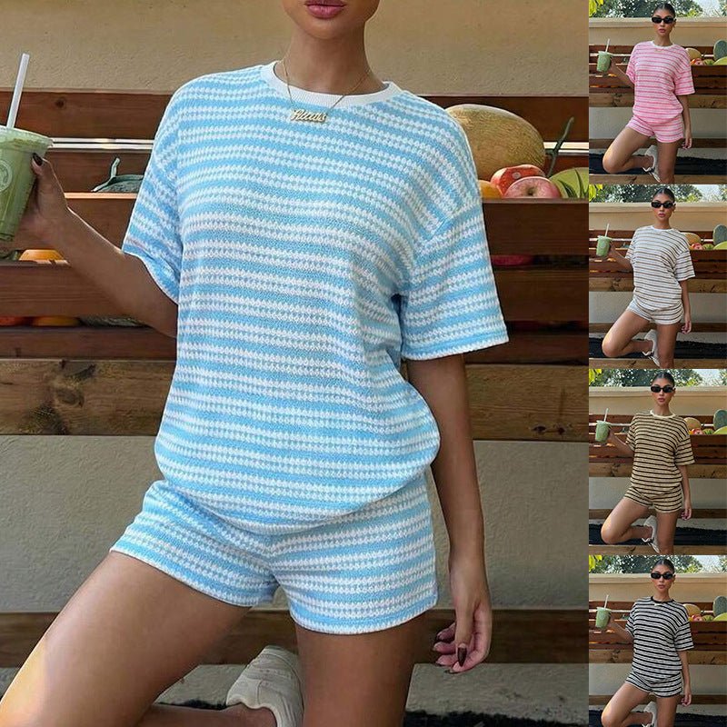 Women's casual FitiqueFit crew-neck spliced short-sleeve T-shirt and shorts set, shown on a model in a relaxed pose.