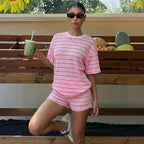Women's casual FitiqueFit crew-neck spliced short-sleeve T-shirt and matching shorts set, featuring a stylish color block design.