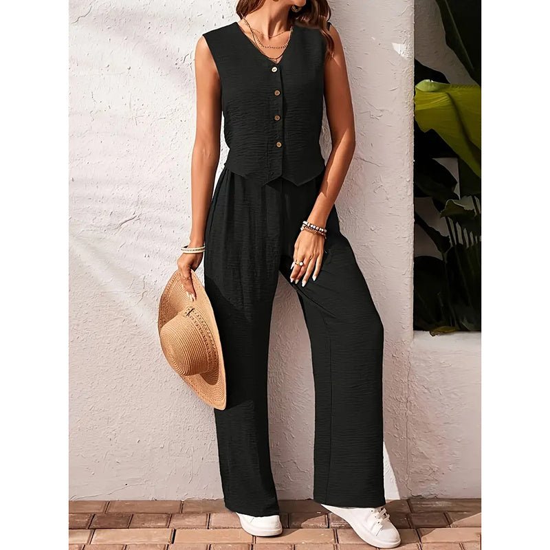 Women’s casualwear crop vest blazer and wide-leg pants set by FitiqueFit, featuring a stylish cropped blazer and flowy wide-leg pants.