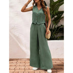 Women’s casualwear crop vest blazer with wide-leg pants set by FitiqueFit, featuring a stylish blazer and relaxed-fit pants.