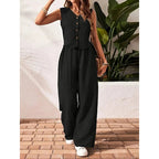 Women's casualwear crop vest blazer and wide-leg pants set by FitiqueFit, featuring a stylish cropped blazer and flowing wide-leg pants.