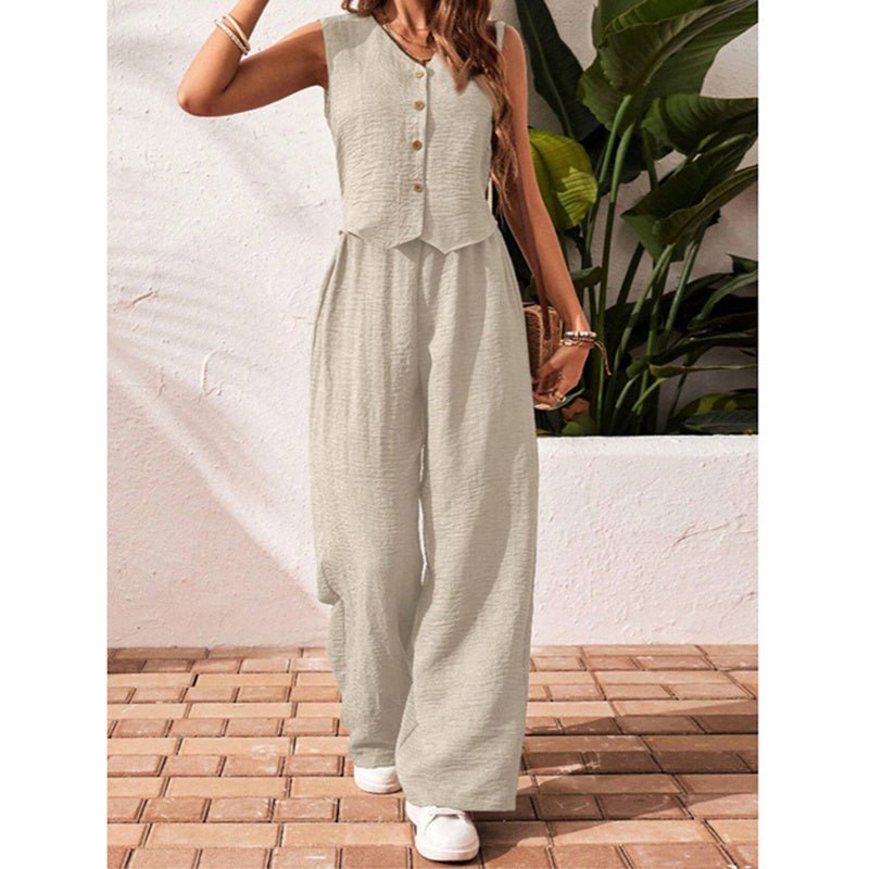 Women's casualwear crop vest blazer and wide-leg pants set by FitiqueFit, featuring a stylish blazer, crop vest, and flowy wide-leg pants.