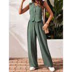 Women’s crop vest blazer and wide-leg pants set by FitiqueFit, casualwear with stylish cropped blazer and flowing wide-leg pants.