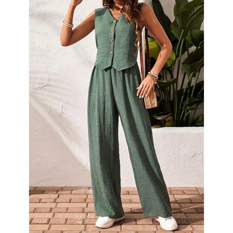 Women’s crop vest blazer and wide-leg pants set by FitiqueFit, casualwear with stylish cropped blazer and flowing wide-leg pants.