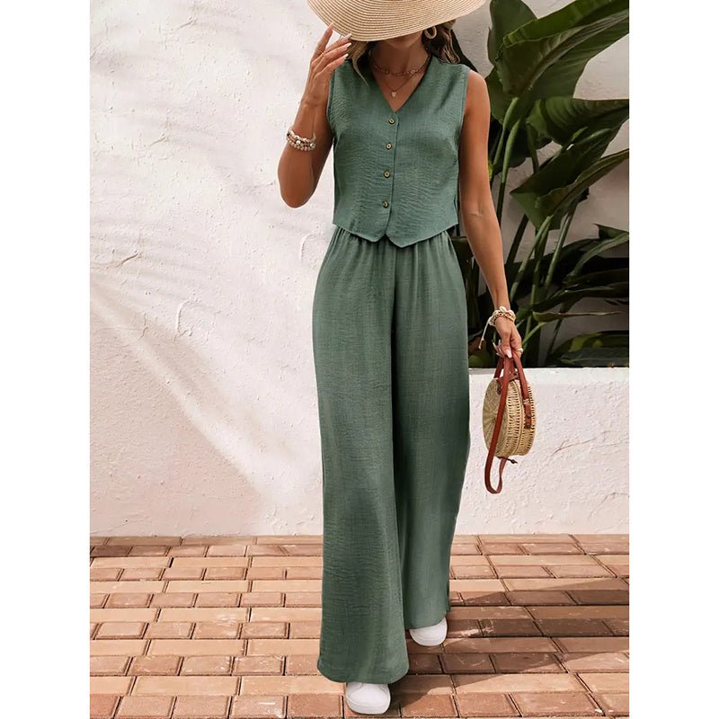 Women's casualwear crop vest blazer and wide-leg pants set by FitiqueFit, featuring a stylish blazer with matching wide-leg pants.