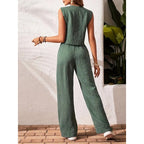 Women's casualwear crop vest blazer and wide-leg pants set by FitiqueFit, featuring a stylish blazer with matching wide-leg pants.