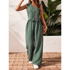 Women’s crop vest blazer and wide-leg pants casualwear set by FitiqueFit, featuring a stylish cropped blazer and flowy wide-leg pants.
