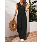 Women’s crop vest blazer and wide-leg pants set by FitiqueFit, casualwear ensemble featuring a tailored crop blazer and relaxed wide-leg pants.