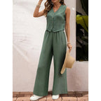 Women’s casual wear set featuring a crop vest blazer and wide-leg pants by FitiqueFit, shown on a model.