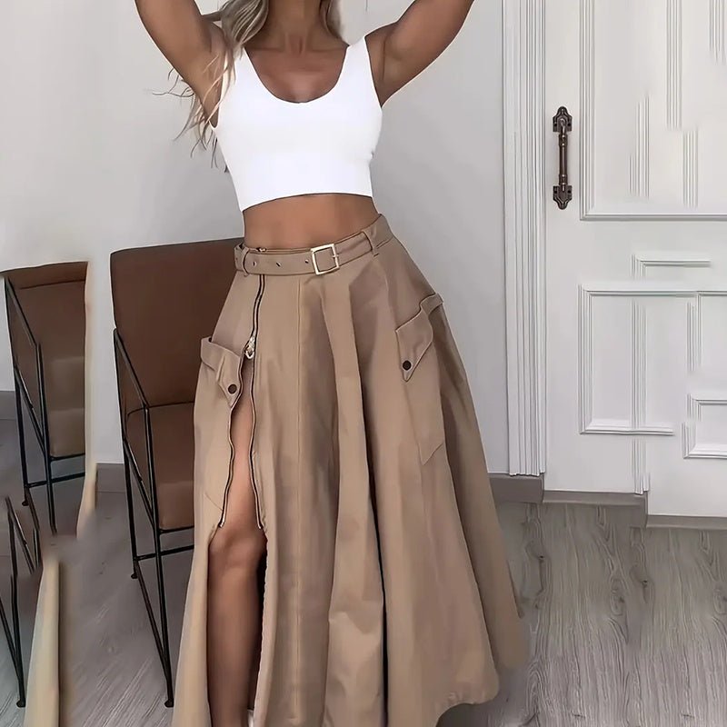 Women’s cropped vest and high-waisted slit skirt matching casualwear set by FitiqueFit, styled together on a model.