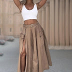 Women’s cropped vest and high-waisted slit skirt matching set by FitiqueFit, casualwear ensemble with stylish, coordinated pieces.