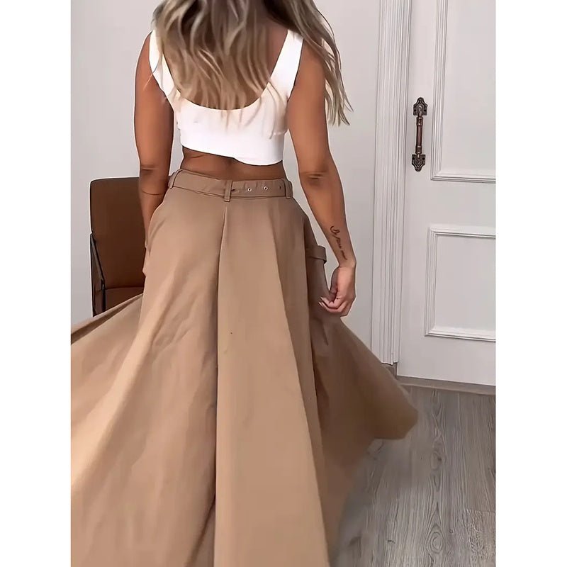 Women's casual cropped vest and high-waisted slit skirt matching set by FitiqueFit, stylish and comfortable for everyday wear.
