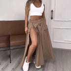 Women’s cropped vest and high-waisted slit skirt matching set by FitiqueFit, casualwear ensemble for stylish, comfortable wear.