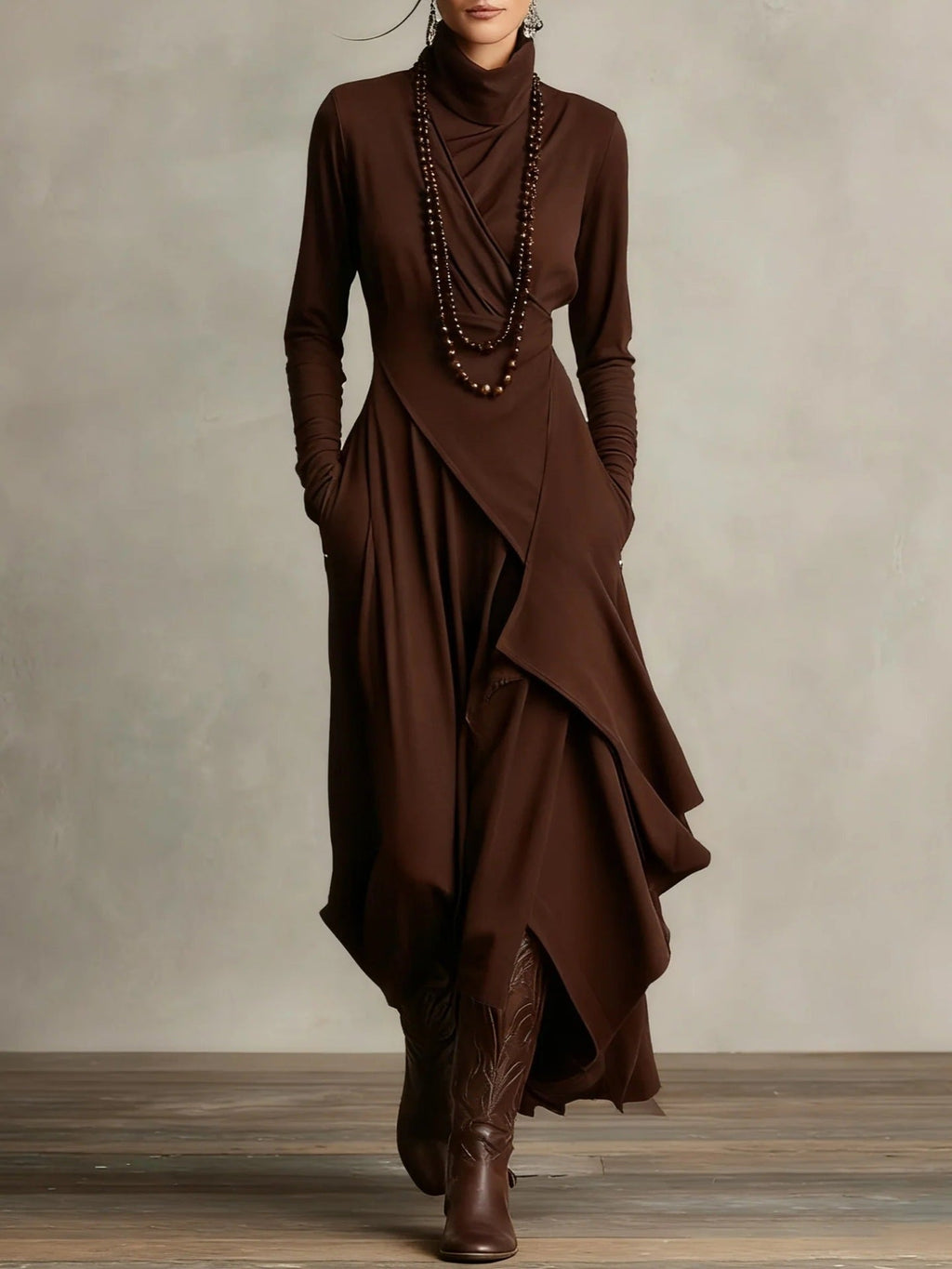 Women's black cross-wrap high-neck long-sleeve maxi dress by FitiqueFit, casualwear style, flowing fabric and elegant design.
