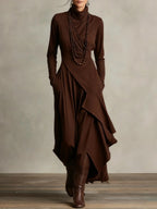 Women's black cross-wrap high-neck long-sleeve maxi dress by FitiqueFit, casualwear style, flowing fabric and elegant design.