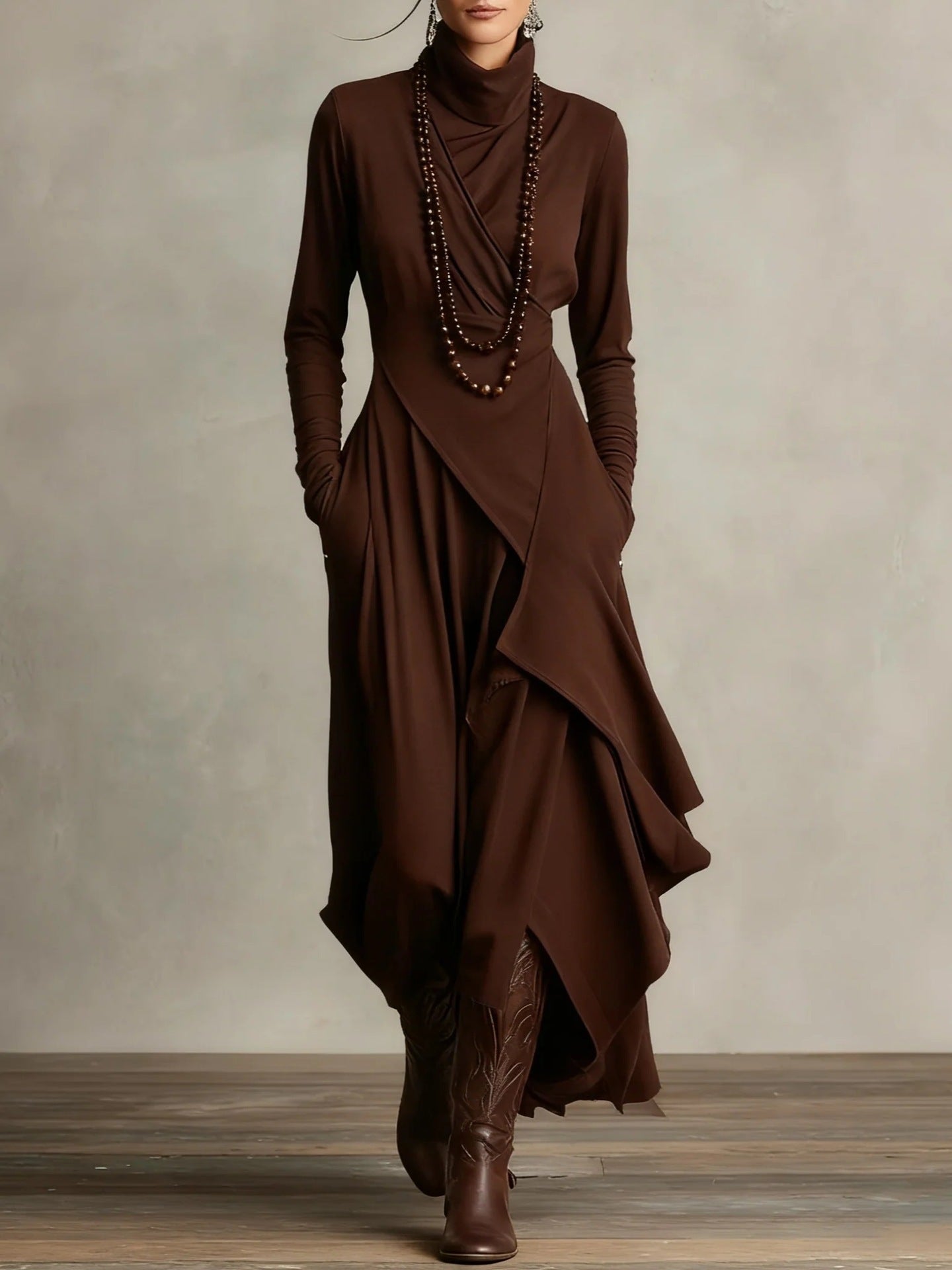 Women's black cross-wrap high-neck long-sleeve maxi dress by FitiqueFit, casualwear style, flowing fabric and elegant design.