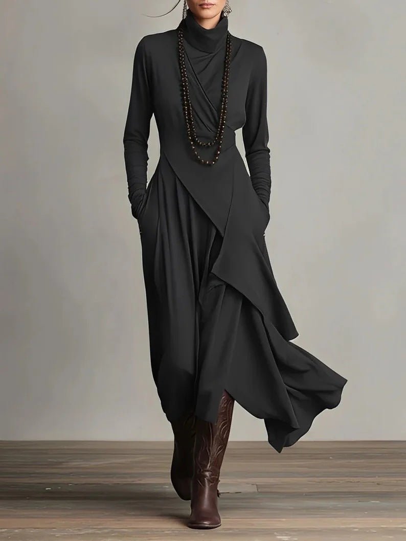 Women's high-neck, long-sleeve cross-wrap maxi dress in casualwear style by FitiqueFit, shown in soft fabric with elegant drape.