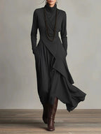 Women's high-neck, long-sleeve cross-wrap maxi dress in casualwear style by FitiqueFit, shown in soft fabric with elegant drape.