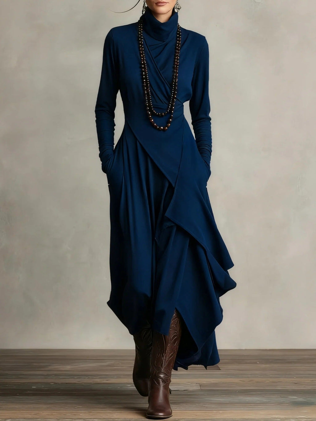 Women's FitiqueFit cross-wrap high-neck long-sleeve maxi dress, casualwear with a stylish high neckline and elegant long sleeves.