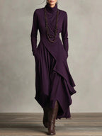 Women's cross-wrap high-neck long-sleeve maxi dress by FitiqueFit, featuring a casual, elegant design with a fitted waist and flowing skirt.