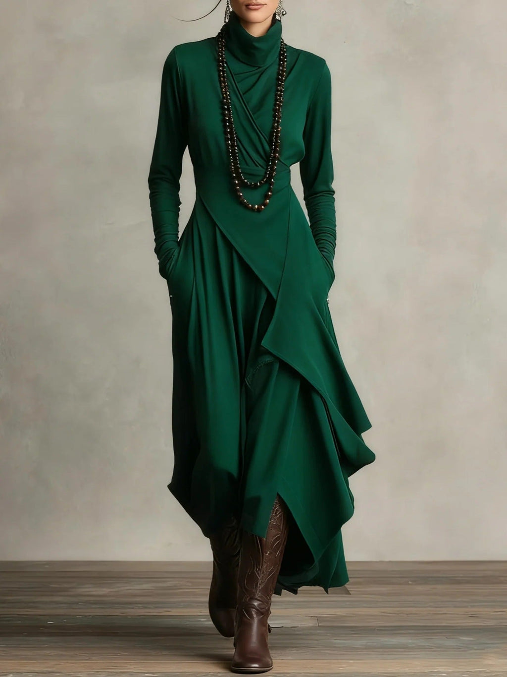 Women's FitiqueFit cross-wrap high-neck long-sleeve maxi dress, casualwear with elegant design and relaxed fit.