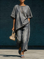 Women's denim-style knit top and wide-leg pants set from FitiqueFit, casual 2-piece outfit, fitted top with relaxed pants.