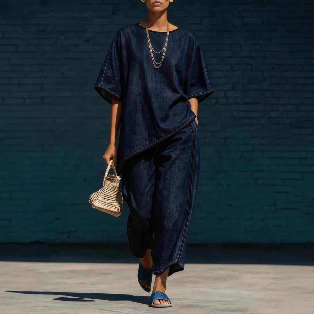 Women's denim-style knit top and wide-leg pants set by FitiqueFit, casual 2-piece ensemble featuring comfortable, stylish casualwear.