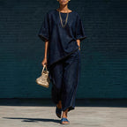 Women's denim-style knit top and wide-leg pants set by FitiqueFit, casual 2-piece ensemble featuring comfortable, stylish casualwear.