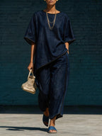 Women's denim-style knit top and wide-leg pants set by FitiqueFit, casual 2-piece outfit, styled for relaxed everyday wear.