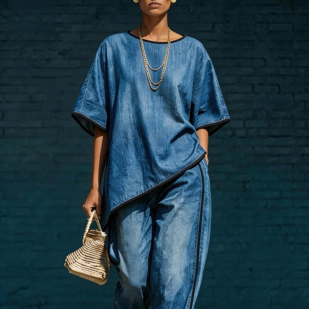 Women's denim-style knit top and wide-leg pants set by FitiqueFit, casual 2-piece ensemble, styled for relaxed everyday wear.