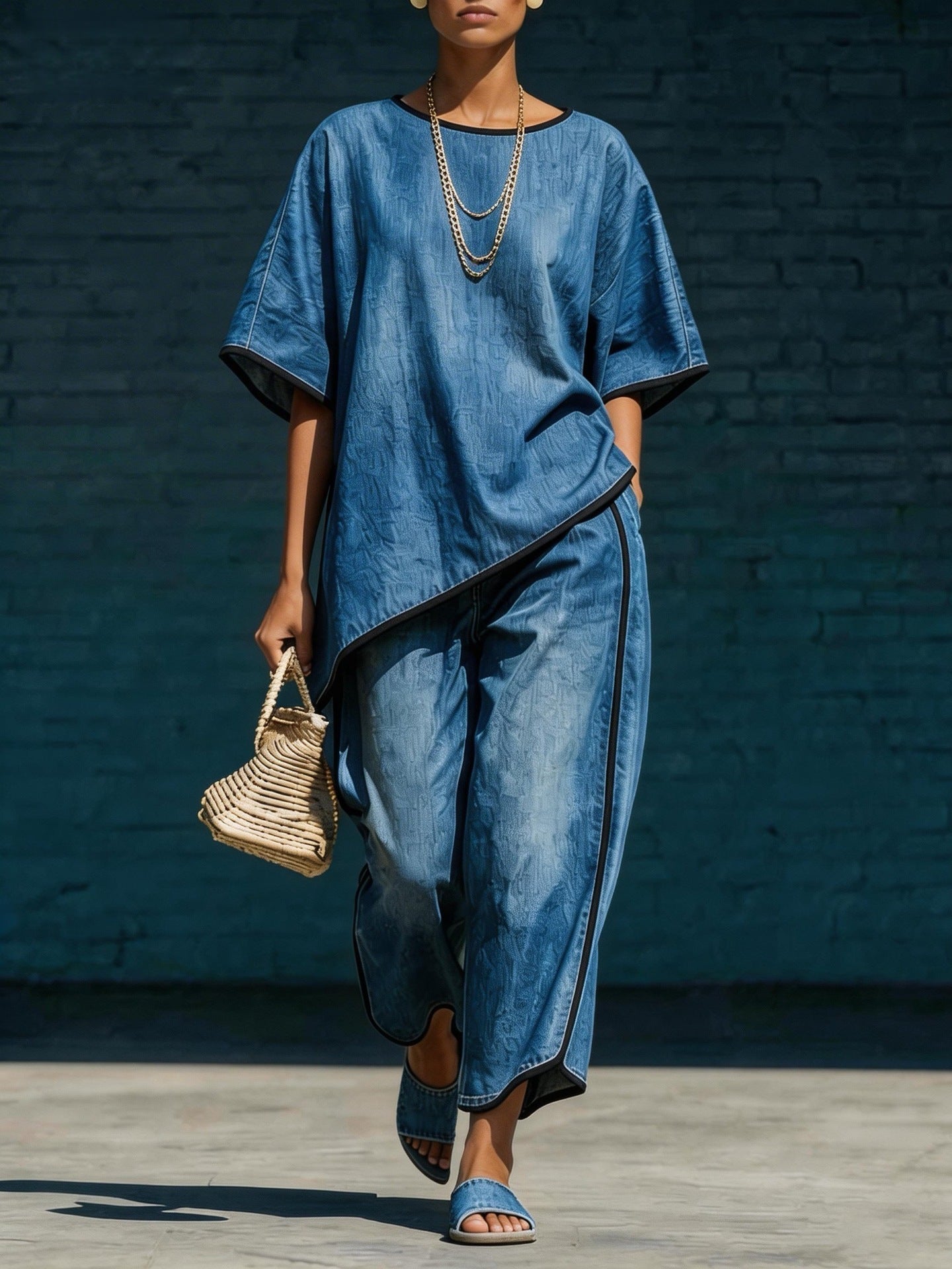 Women's denim-style knit top and wide-leg pants set by FitiqueFit, casual 2-piece outfit with stylish, comfortable design.