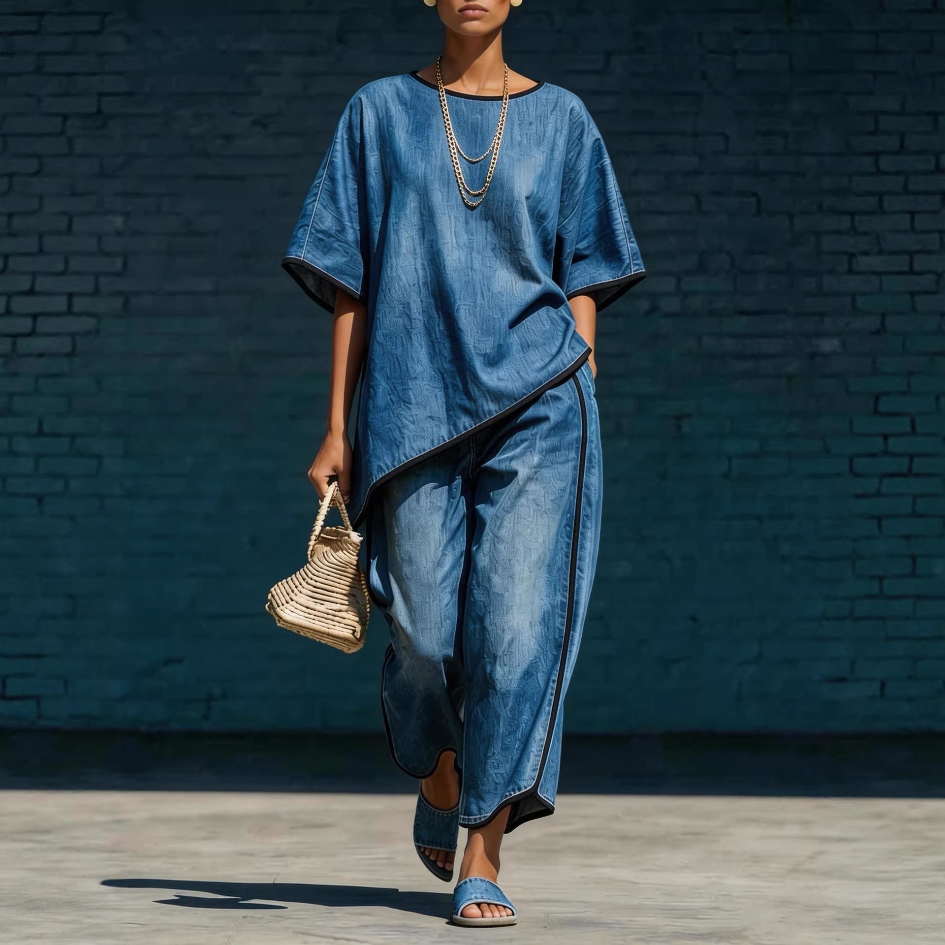 Women's denim-style knit top and wide-leg pants set by FitiqueFit, casual 2-piece outfit with relaxed fit and comfortable fabric.