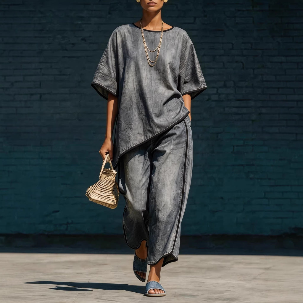 Women's denim-style knit top and wide-leg pants set by FitiqueFit, showcasing a casual 2-piece outfit with relaxed fit and stylish design.