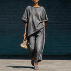 Women's denim-style knit top and wide-leg pants set by FitiqueFit, showcasing a casual 2-piece outfit with relaxed fit and stylish design.